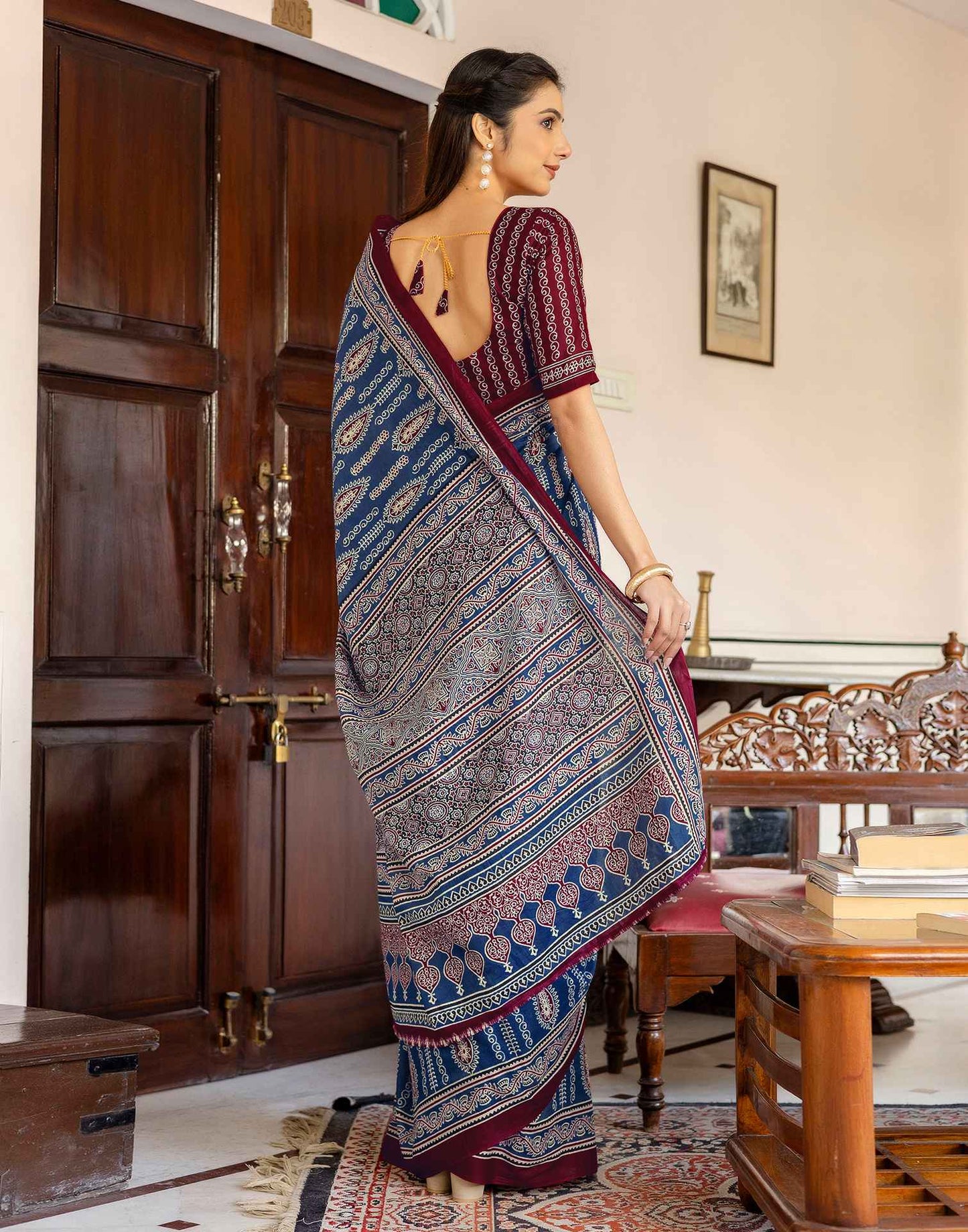 Blue Cotton Printed Saree