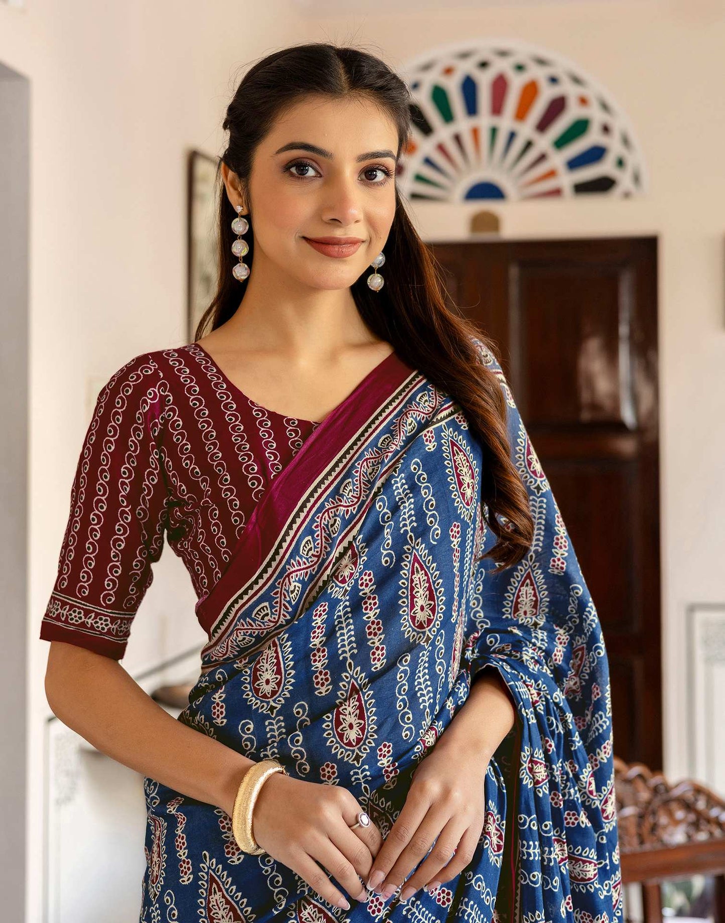 Blue Cotton Printed Saree