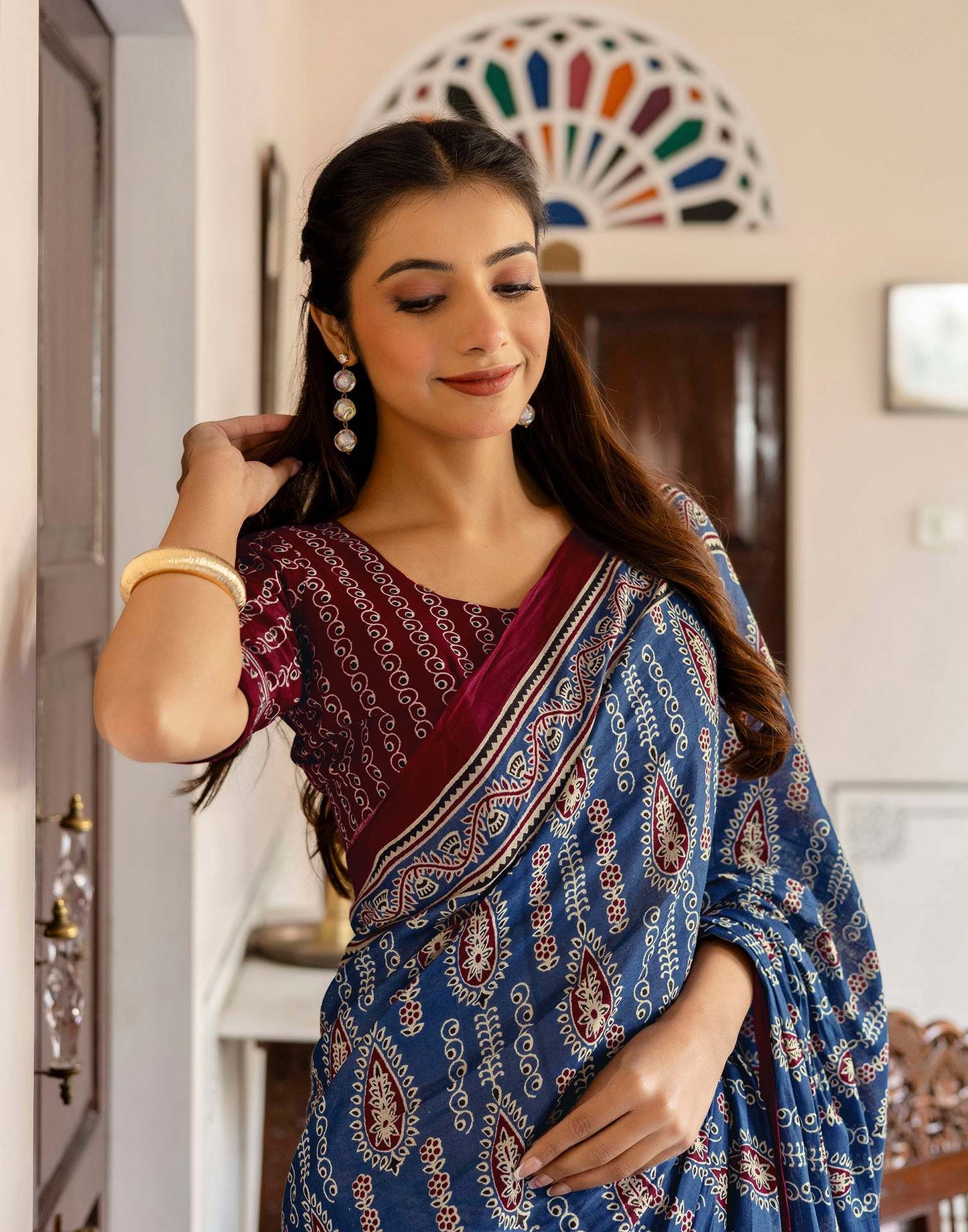 Blue Cotton Printed Saree