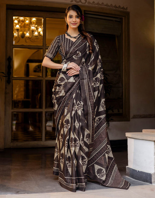 Dark Brown Cotton Printed Saree