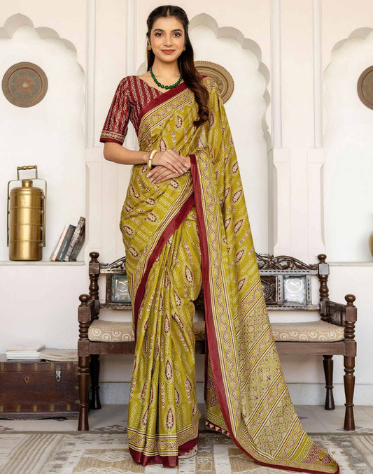 Lime Green Cotton Printed Saree