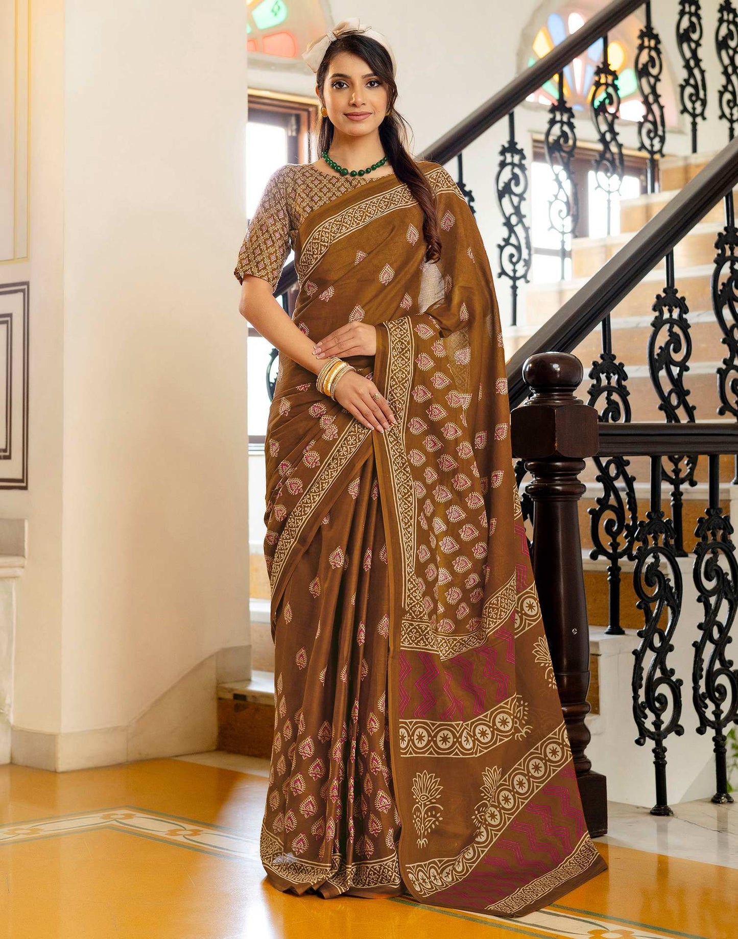 Brown Cotton Printed Saree