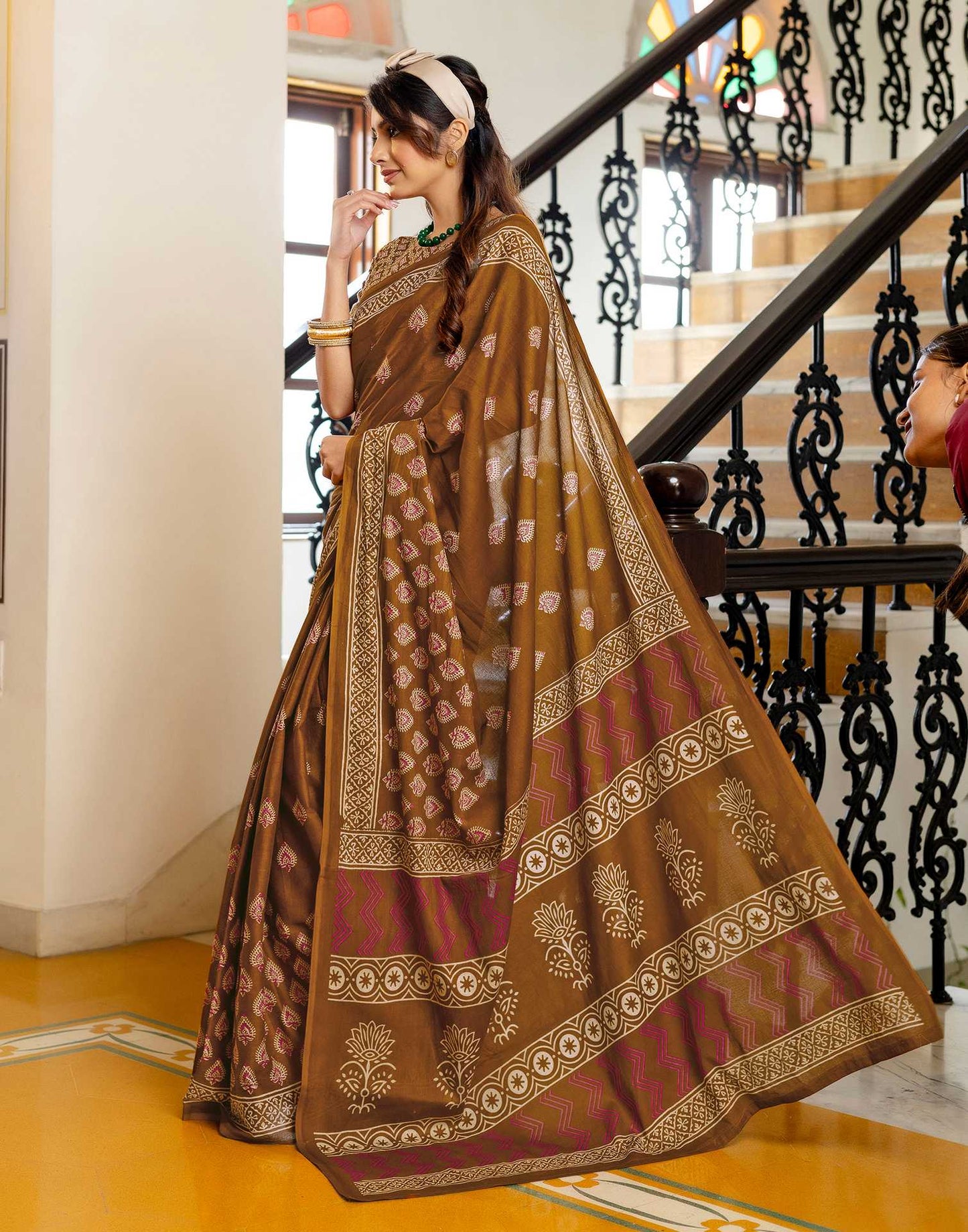 Brown Cotton Printed Saree