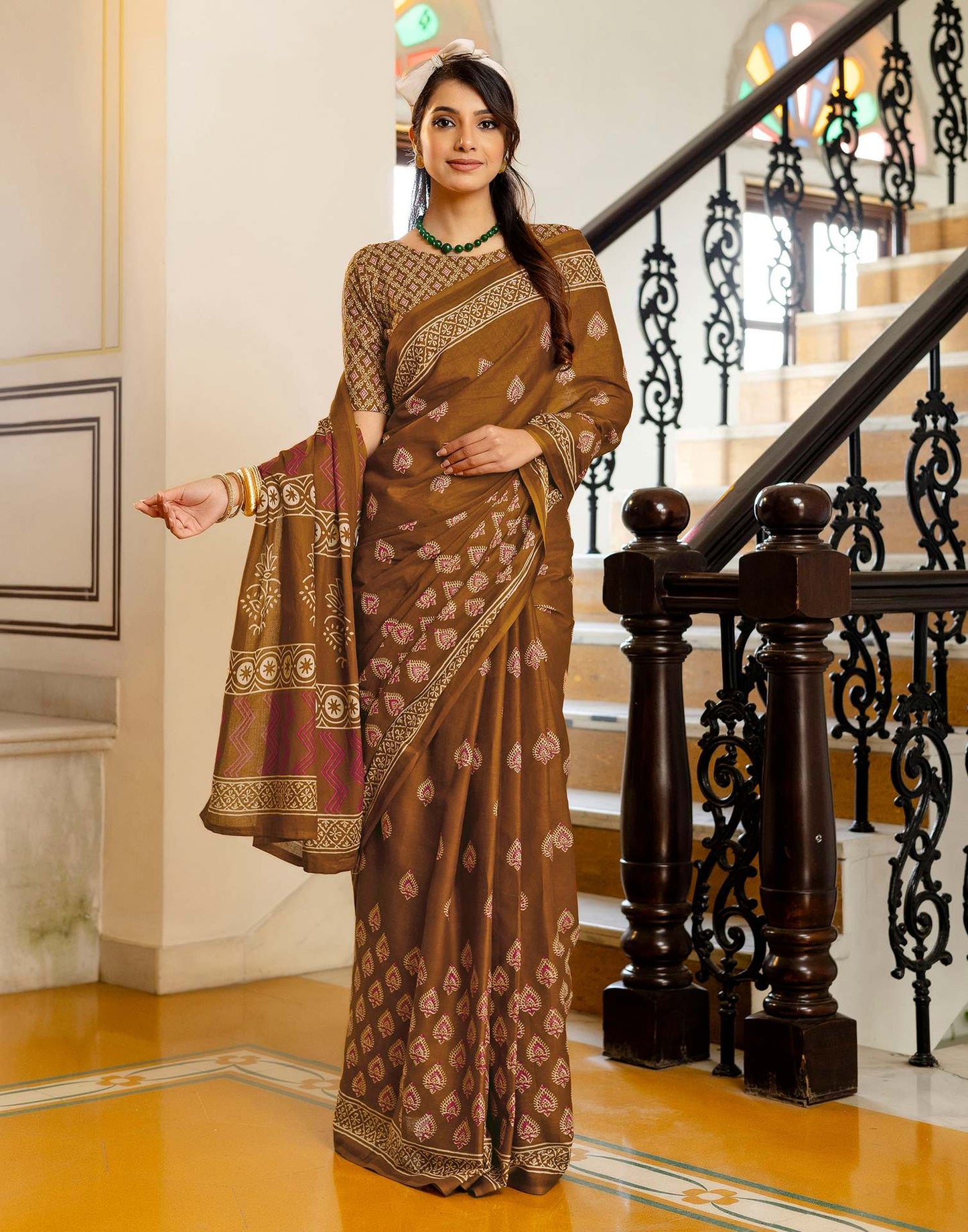 Brown Cotton Printed Saree