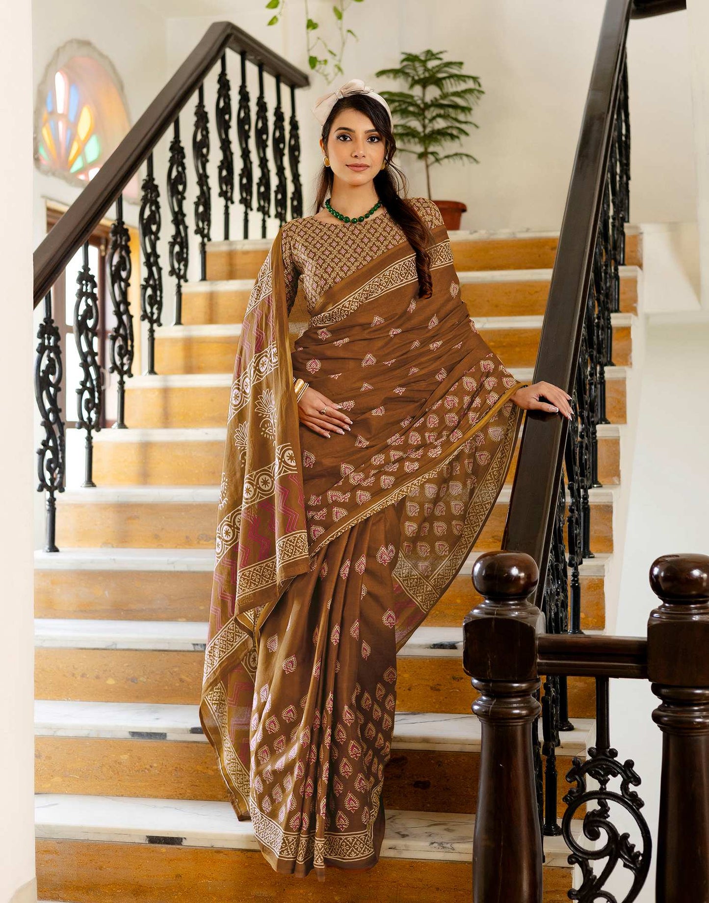 Brown Cotton Printed Saree