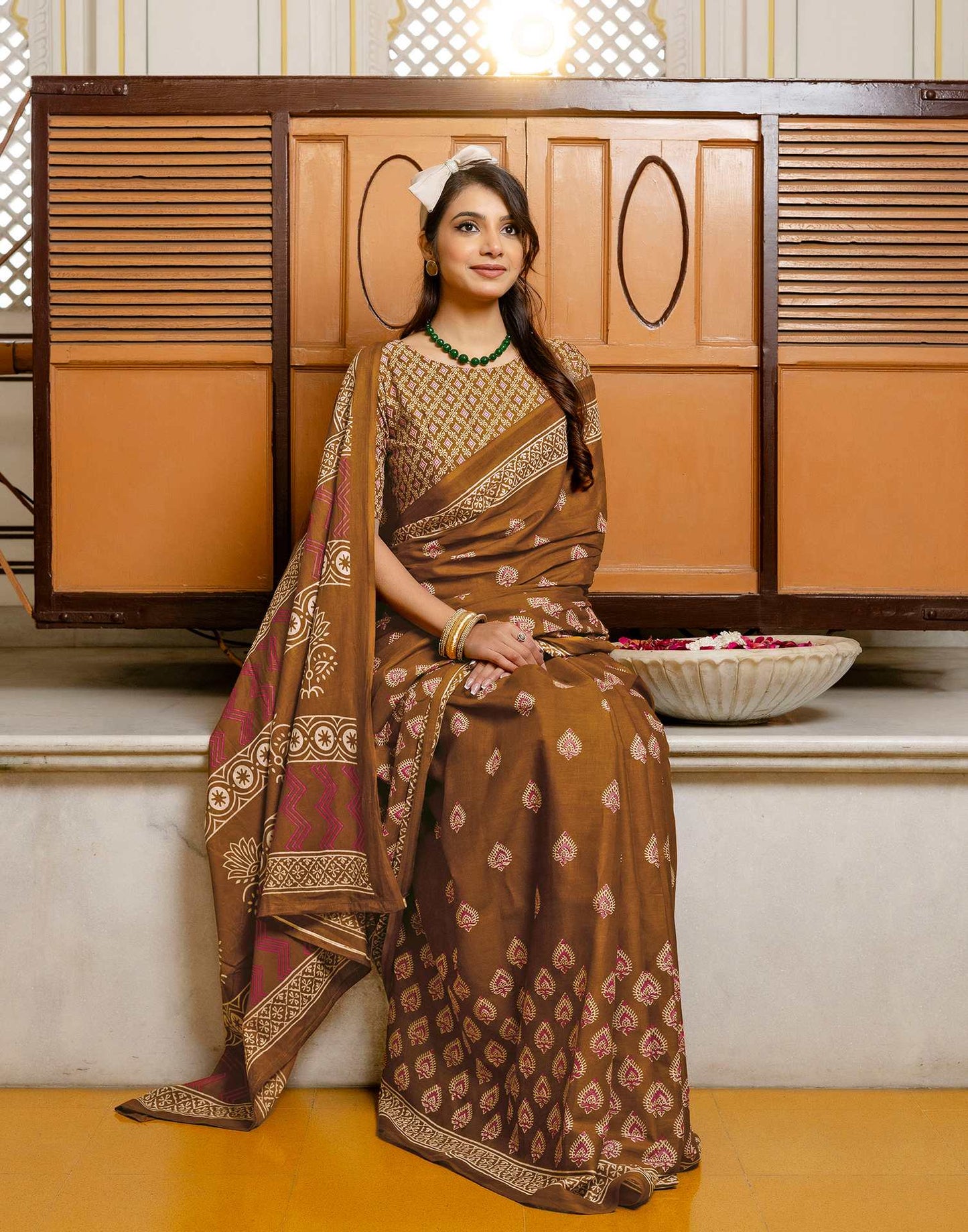 Brown Cotton Printed Saree