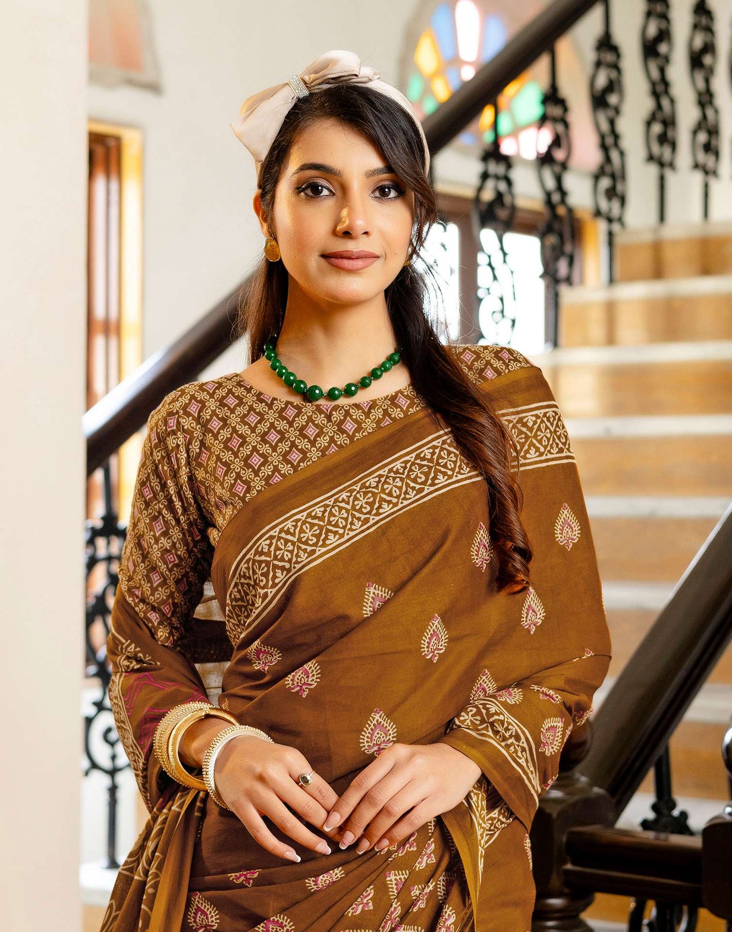 Brown Cotton Printed Saree