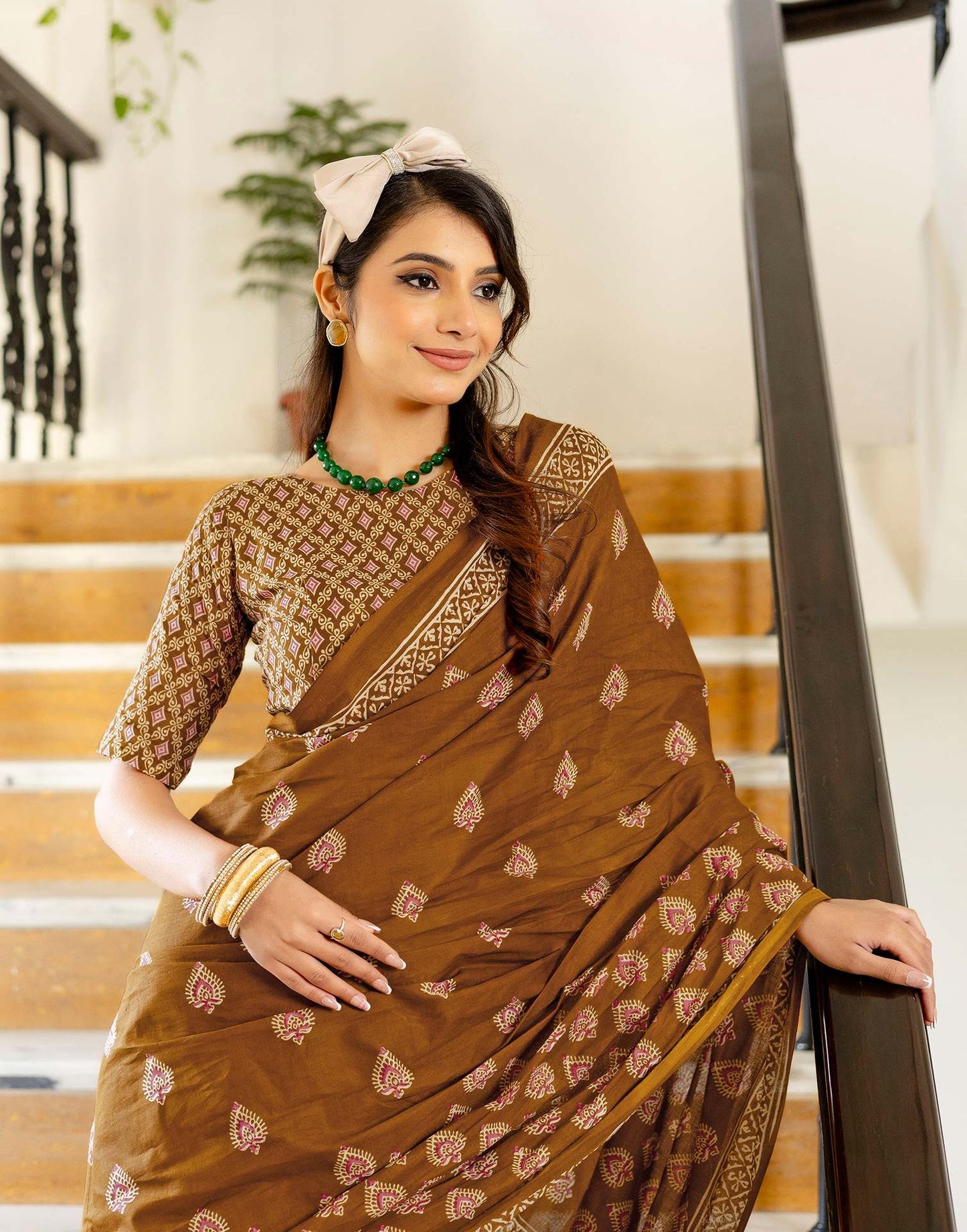 Brown Cotton Printed Saree