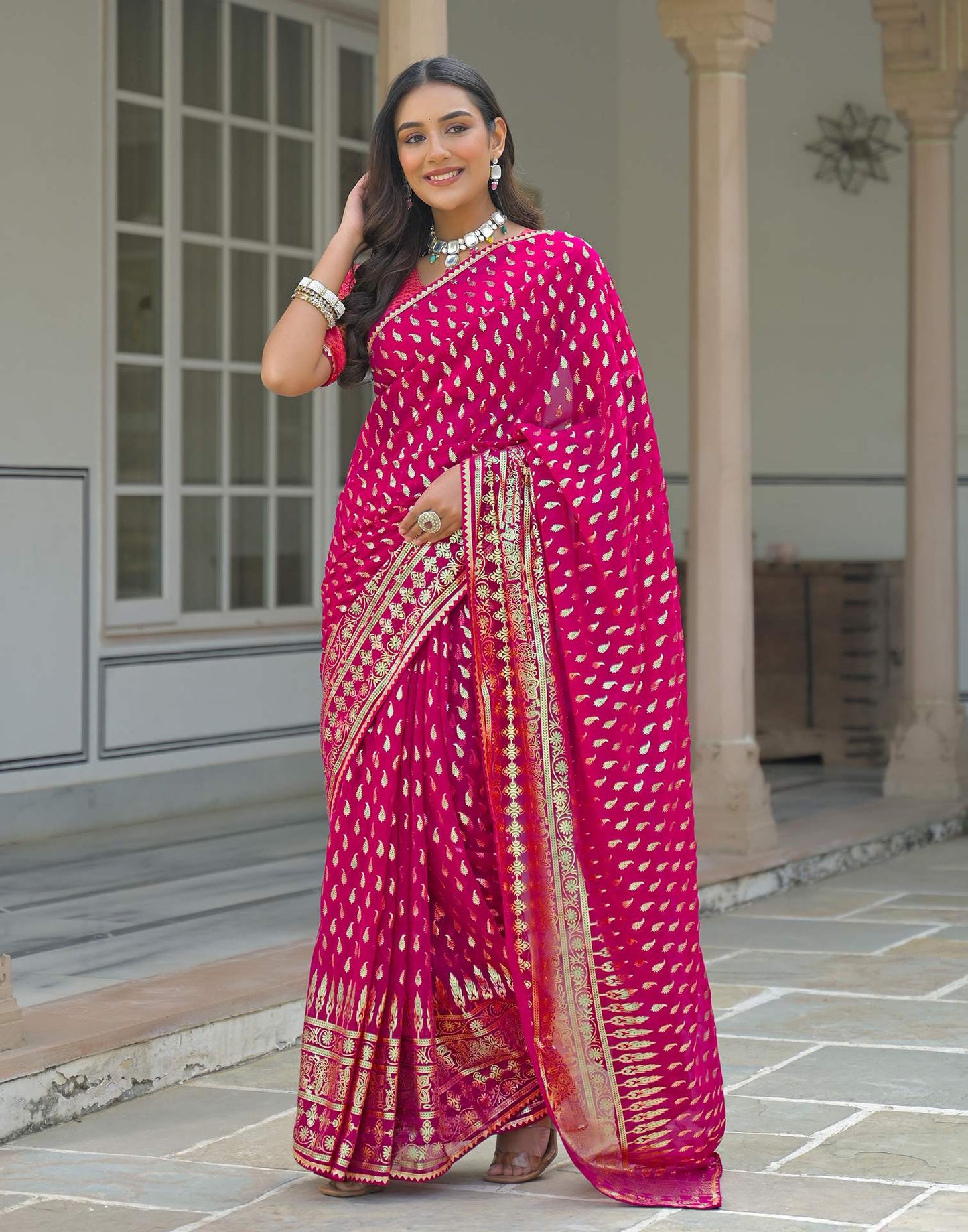 Dark Rani Pink Georgette Foil Printed Saree