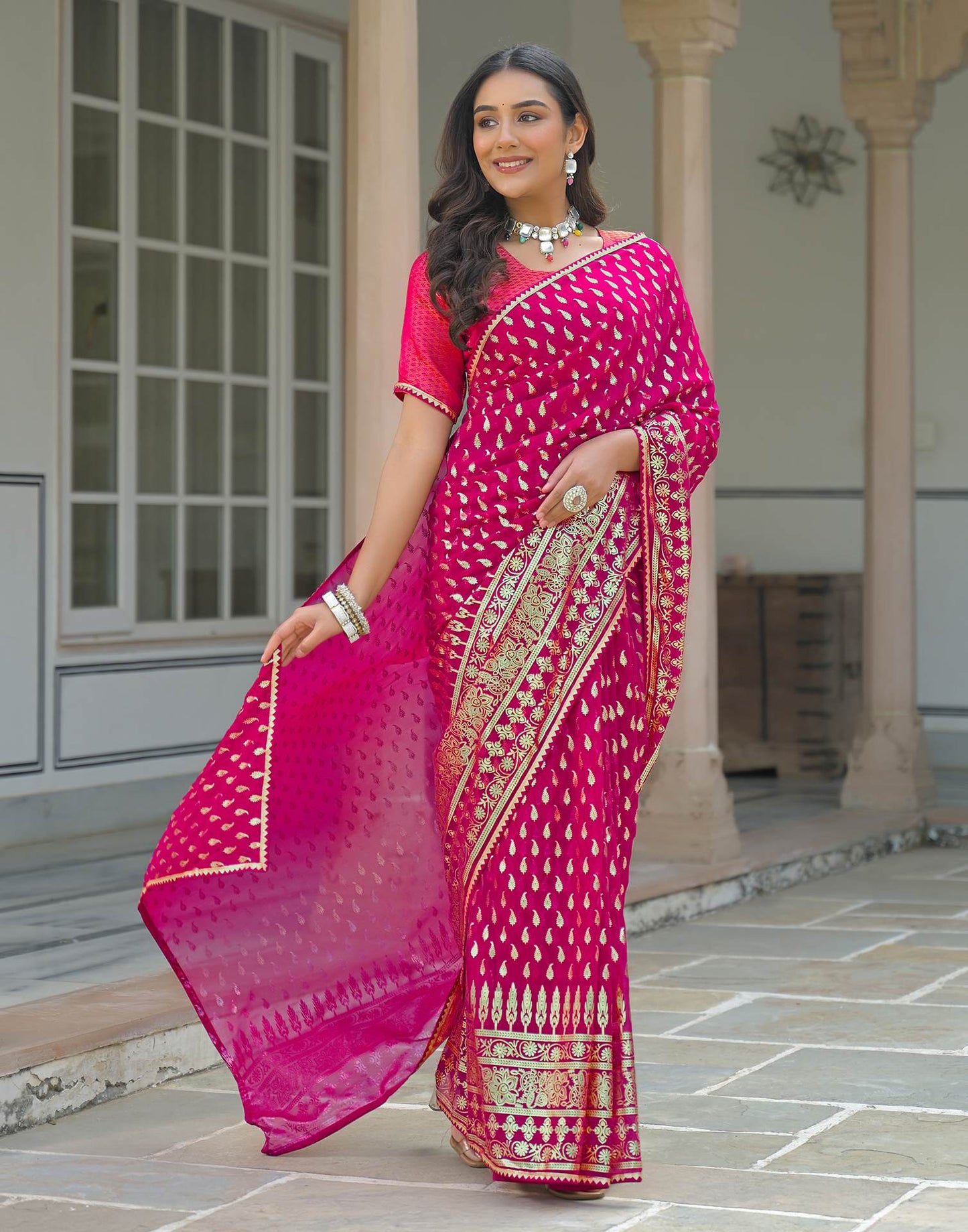 Dark Rani Pink Georgette Foil Printed Saree