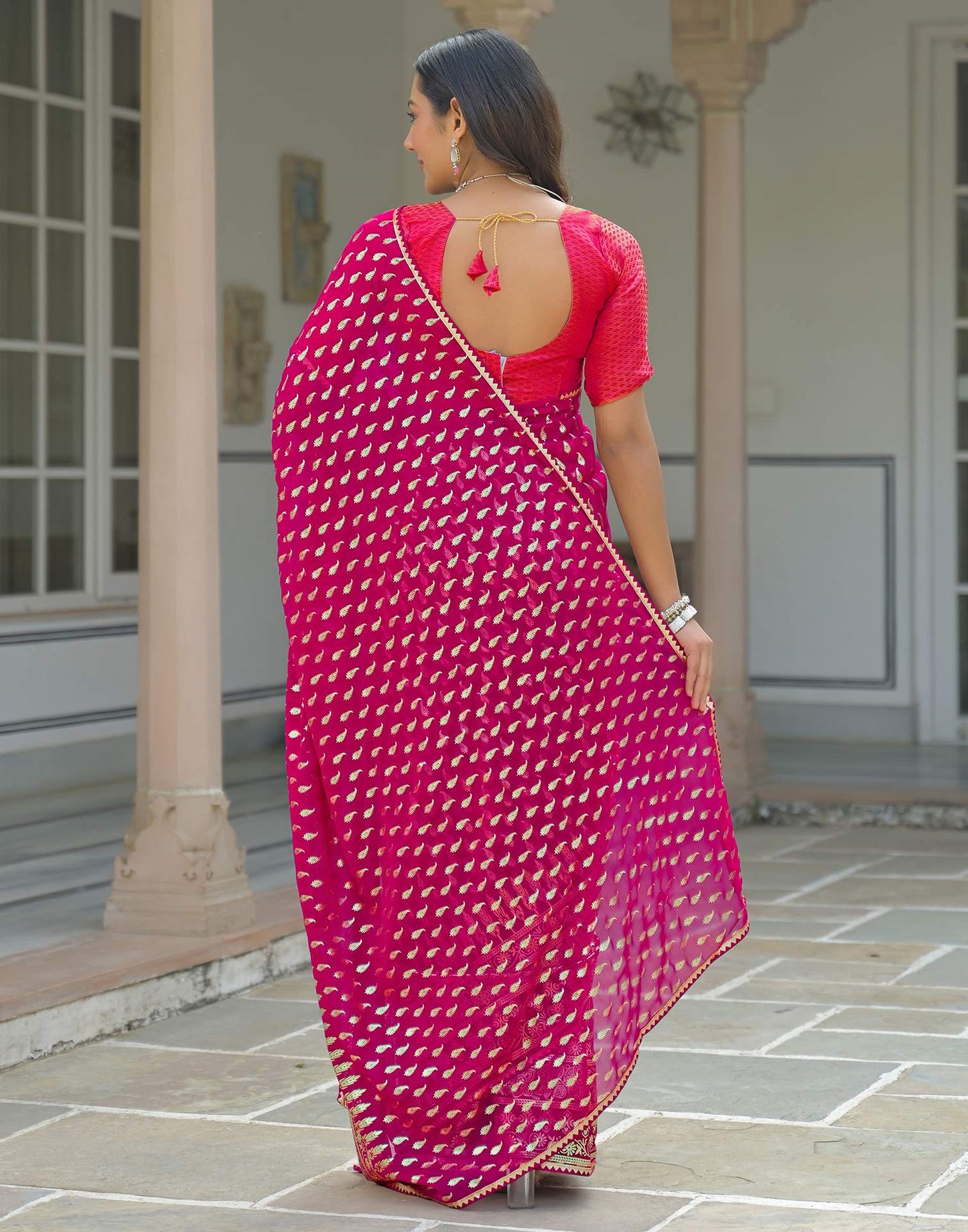 Dark Rani Pink Georgette Foil Printed Saree