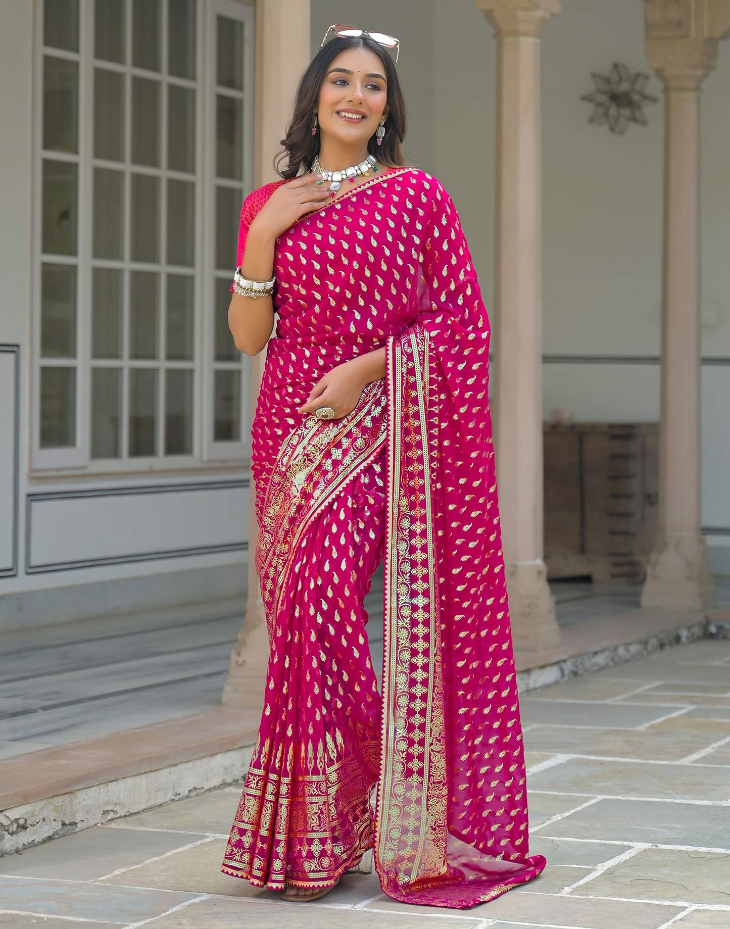 Dark Rani Pink Georgette Foil Printed Saree