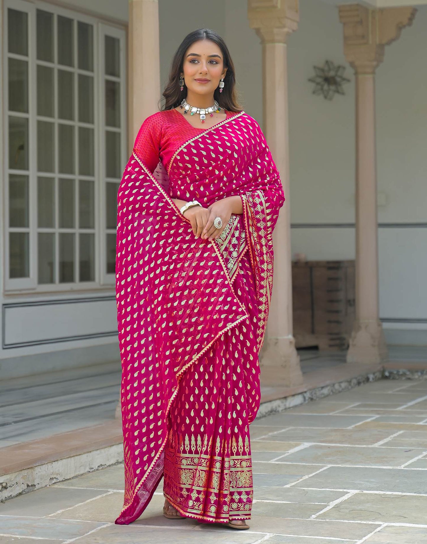 Dark Rani Pink Georgette Foil Printed Saree