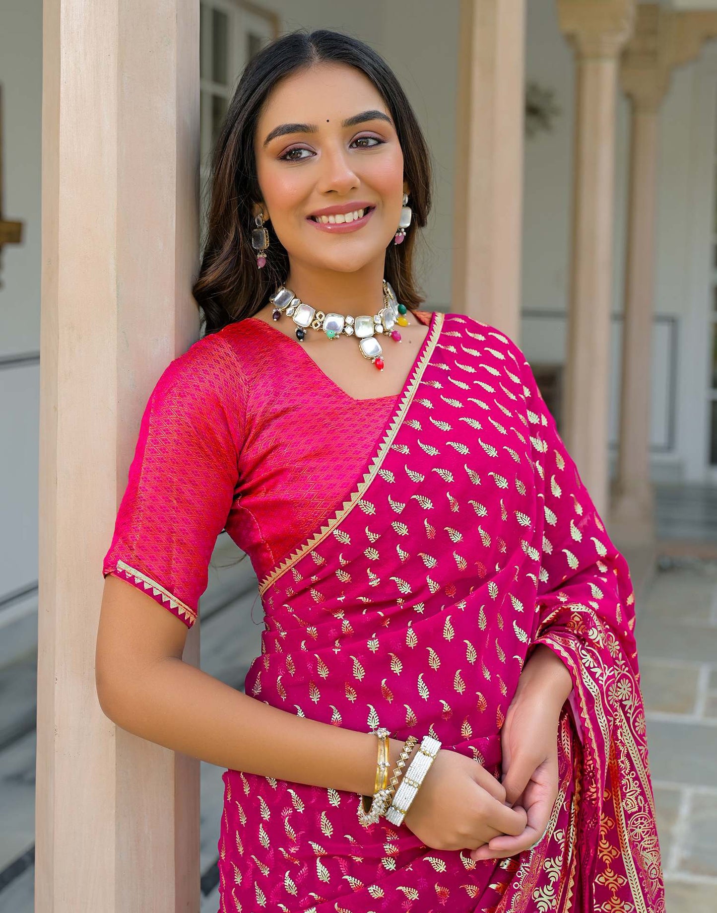 Dark Rani Pink Georgette Foil Printed Saree