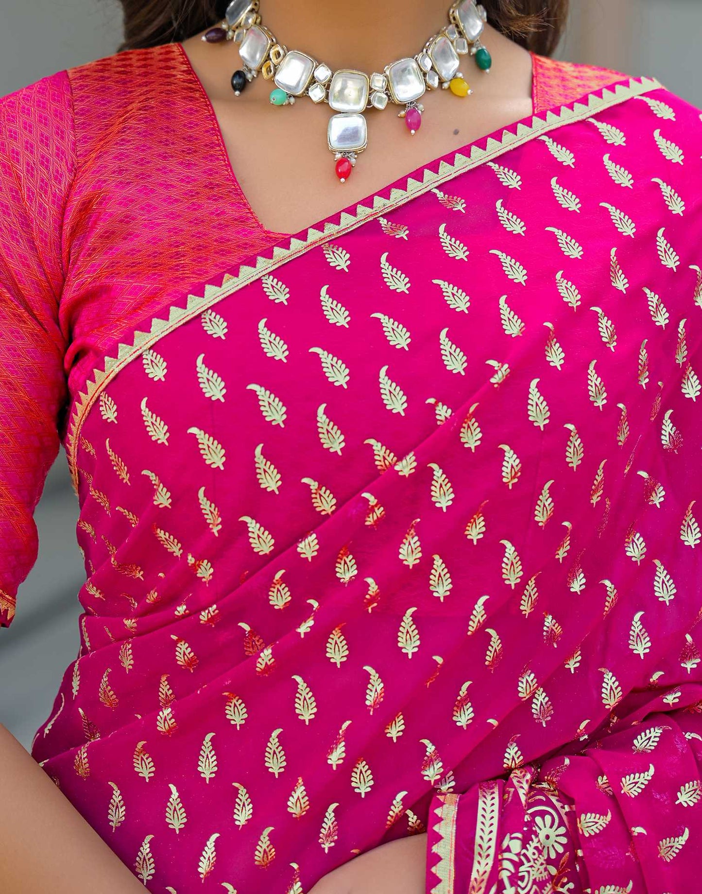 Dark Rani Pink Georgette Foil Printed Saree