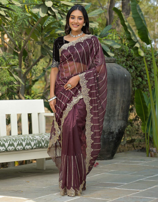 Maroon Net Sequence Embroidery Saree