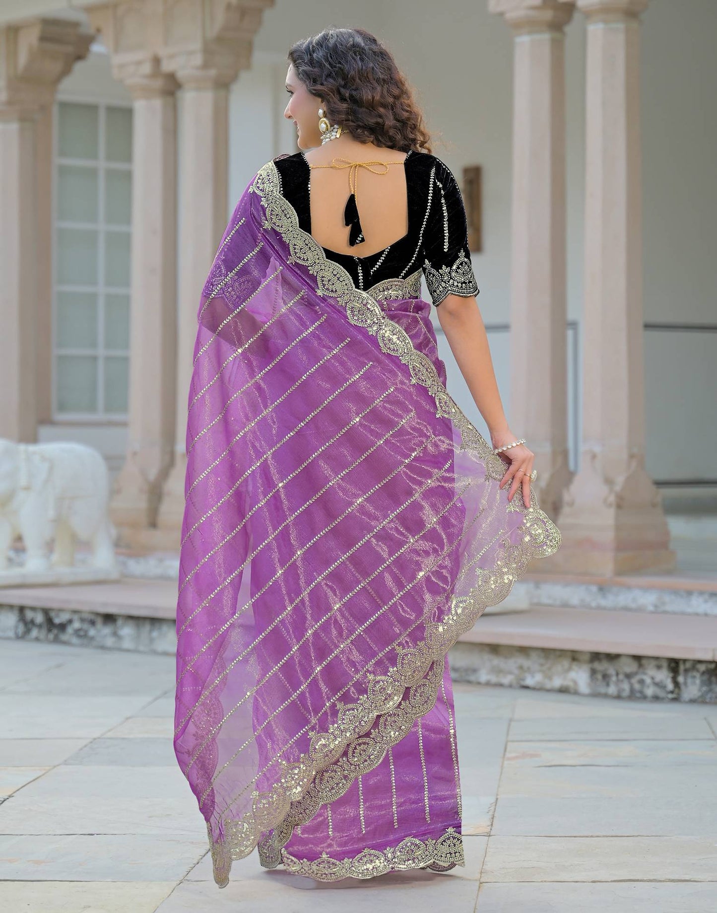 Light Purple Net Sequence Embroidery Saree