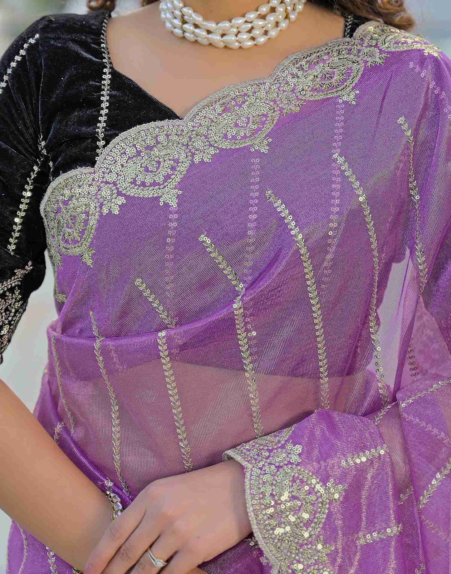Light Purple Net Sequence Embroidery Saree