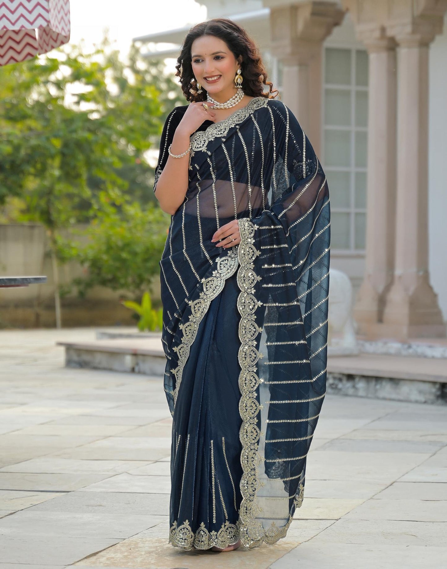 Navy Blue Net Sequence Embroidery Saree