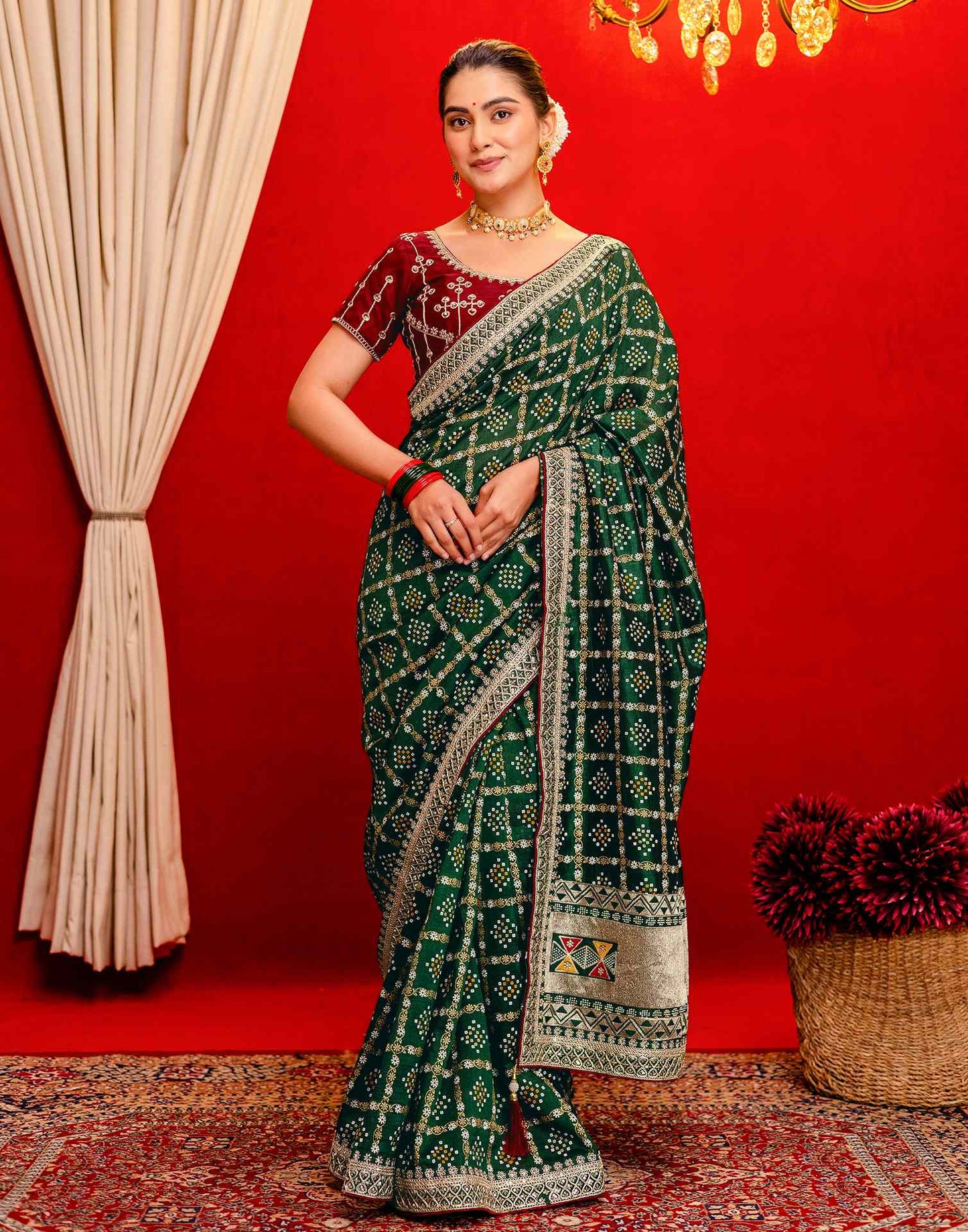 Dark Green Silk Bandhani Printed Saree