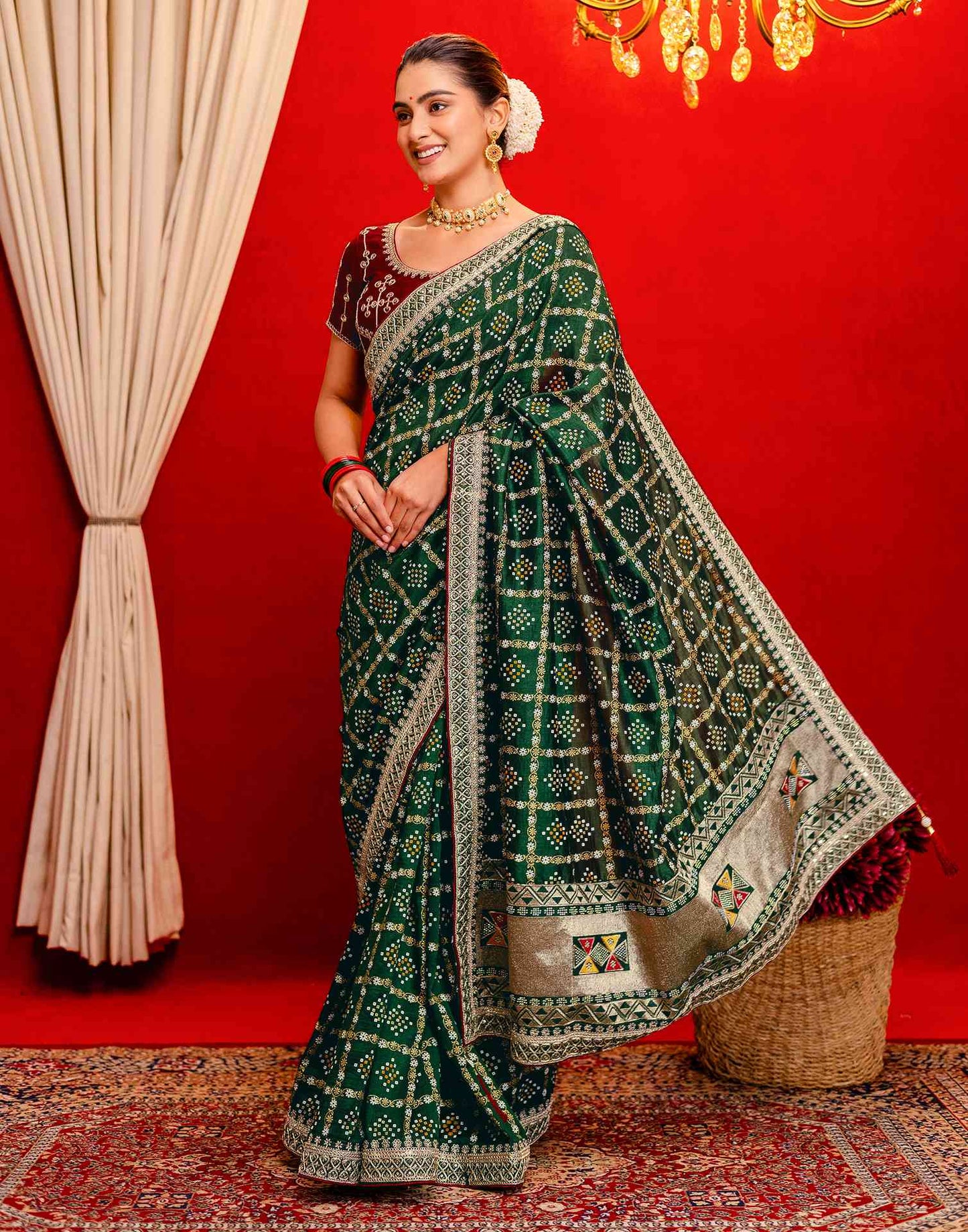 Dark Green Silk Bandhani Printed Saree