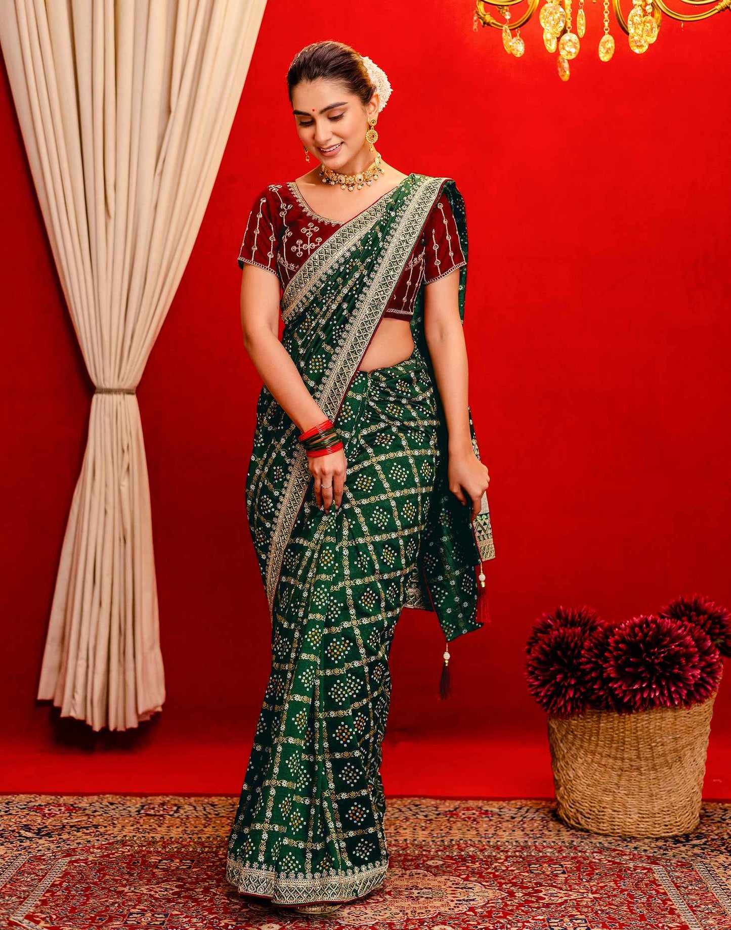 Dark Green Silk Bandhani Printed Saree