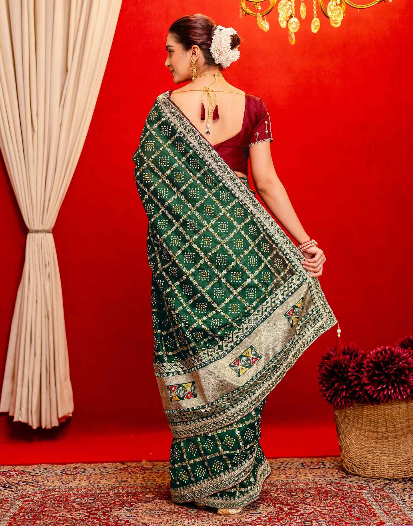Dark Green Silk Bandhani Printed Saree