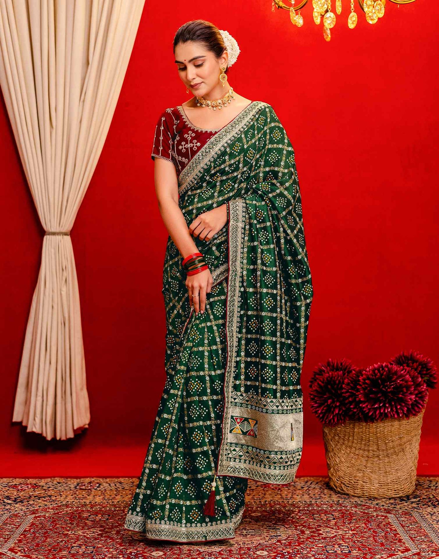 Dark Green Silk Bandhani Printed Saree