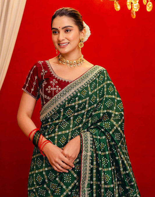 Dark Green Silk Bandhani Printed Saree