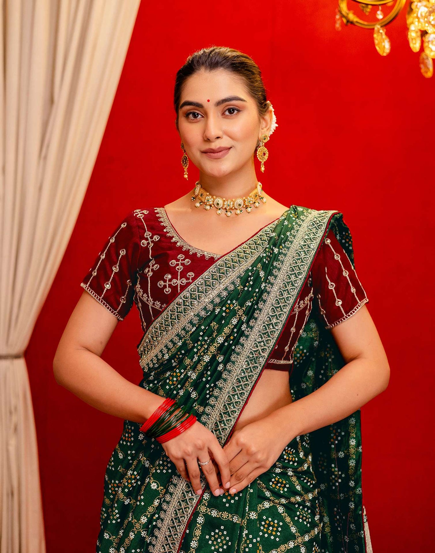 Dark Green Silk Bandhani Printed Saree