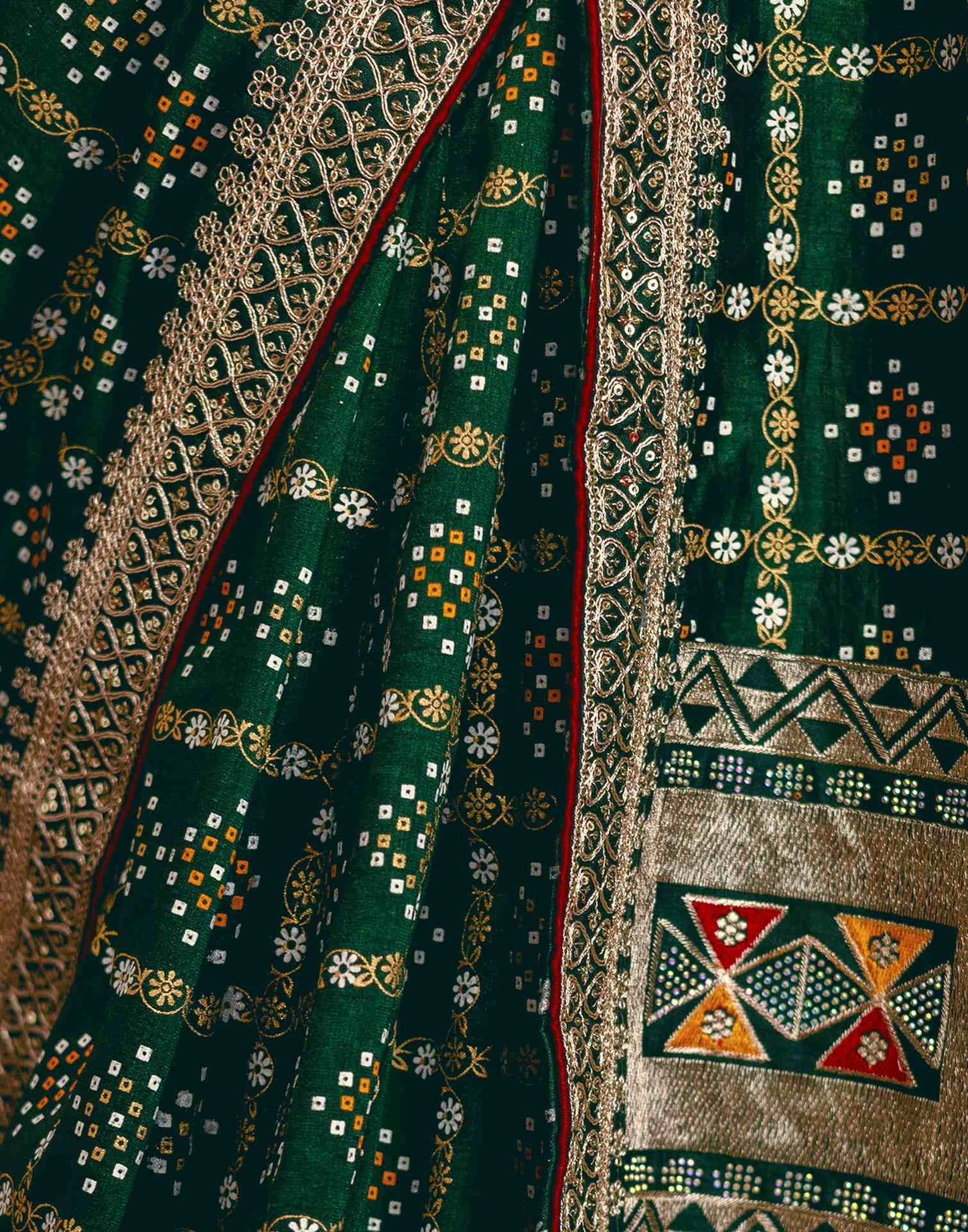 Dark Green Silk Bandhani Printed Saree