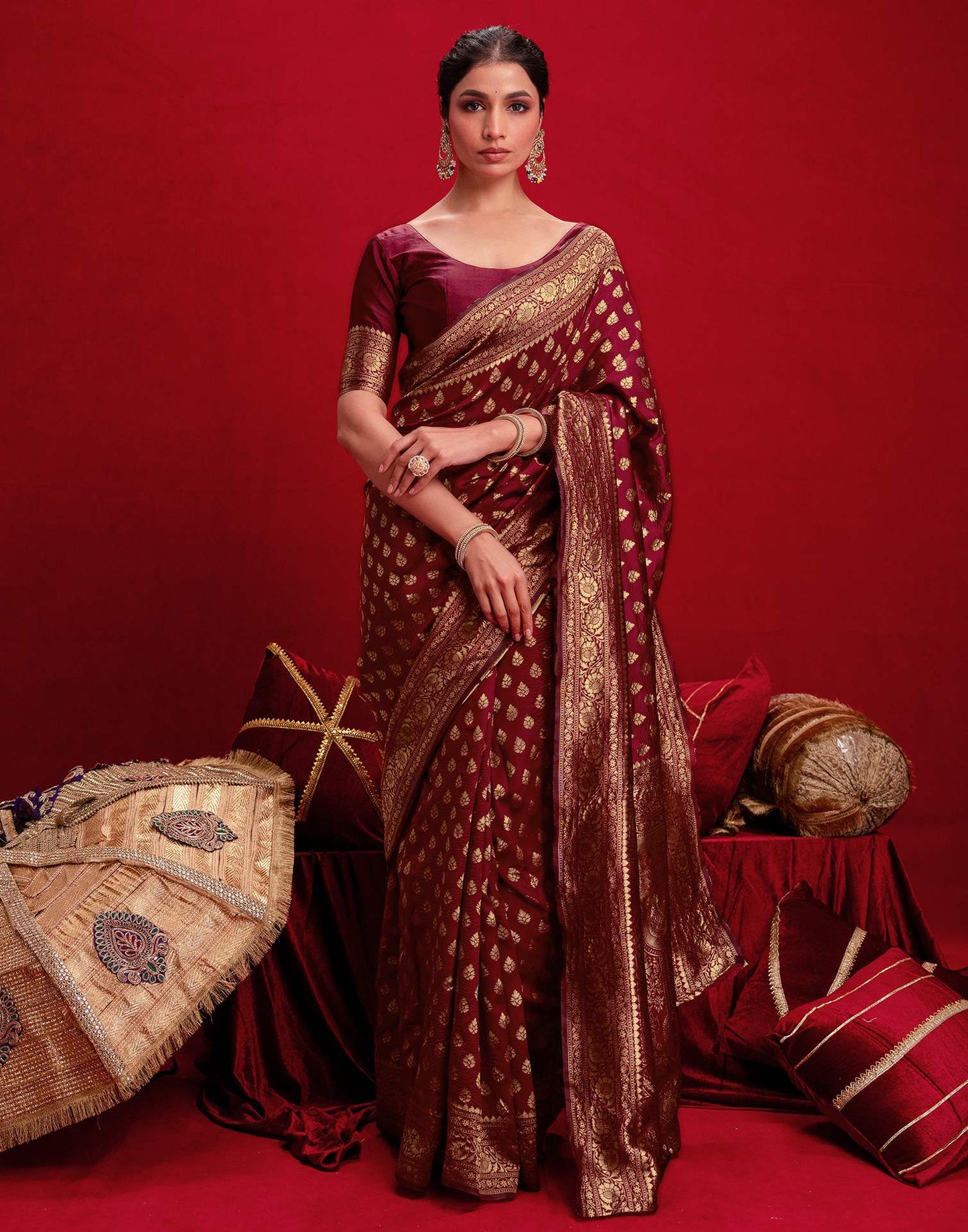 Maroon Silk Woven Banarasi Saree