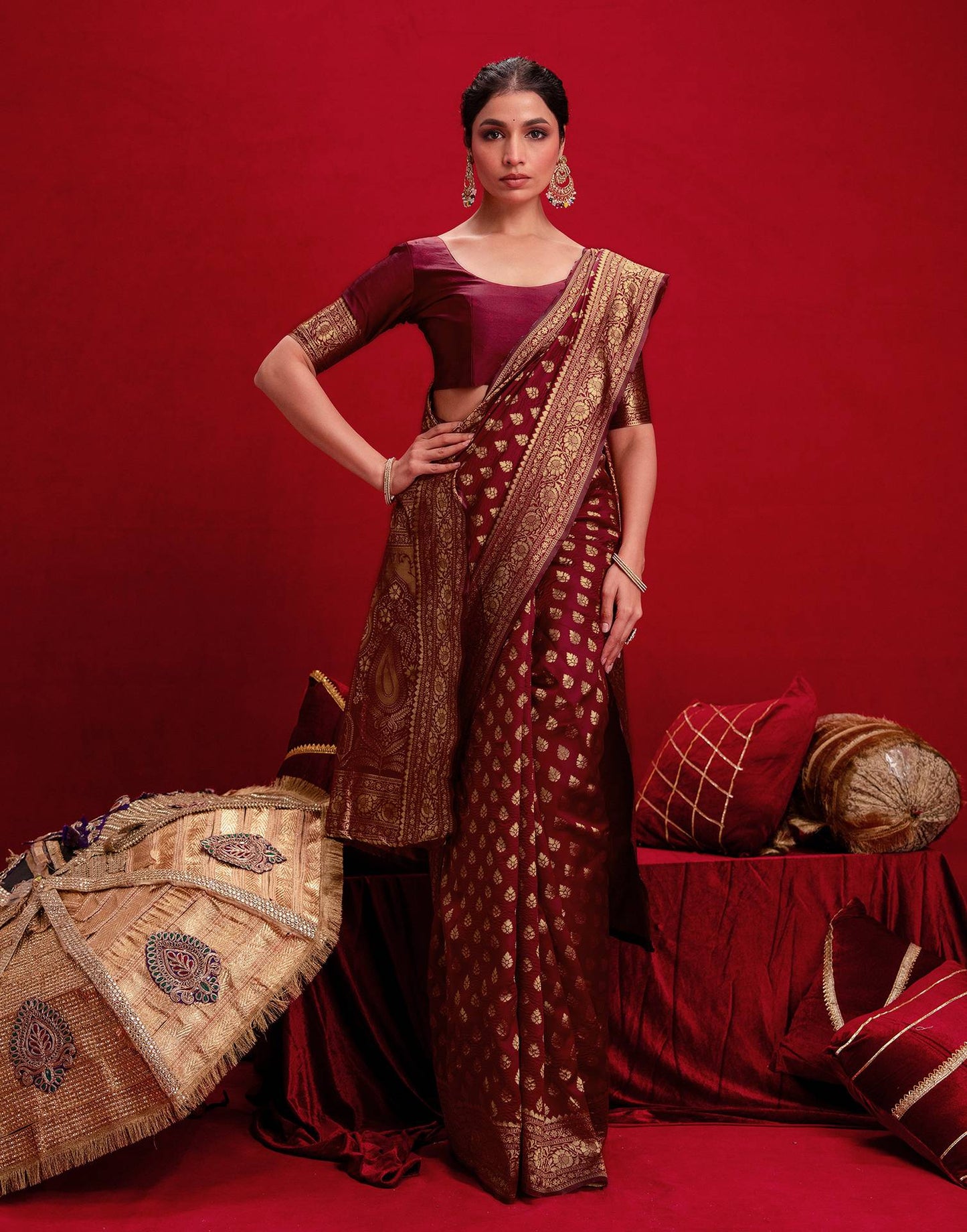 Maroon Silk Woven Banarasi Saree