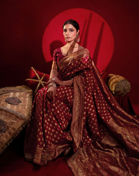 Maroon Silk Woven Banarasi Saree