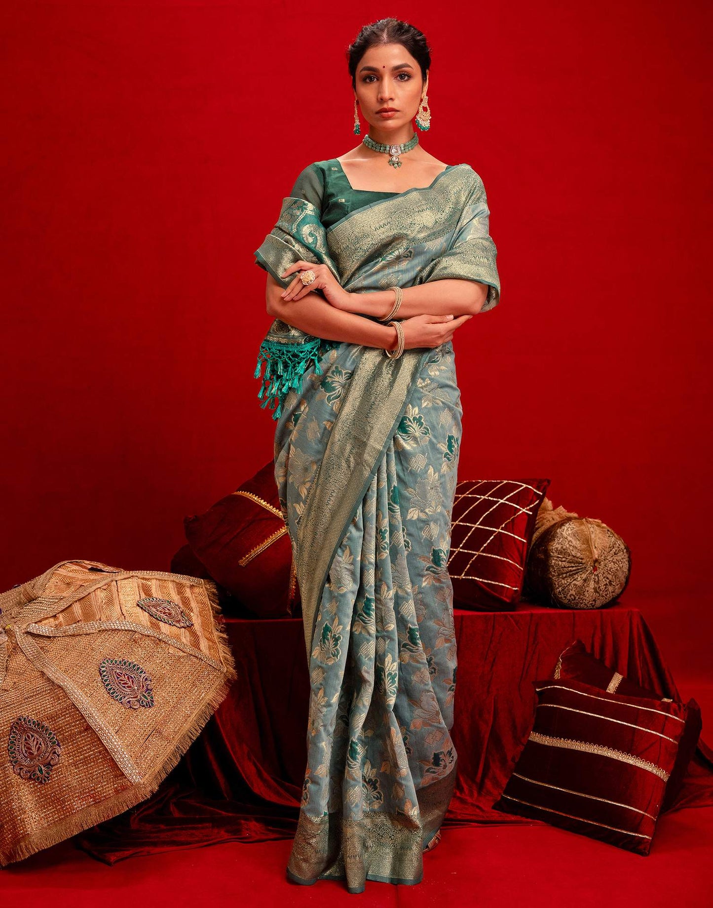 Light Blue Chanderi Cotton Woven Banarasi Saree