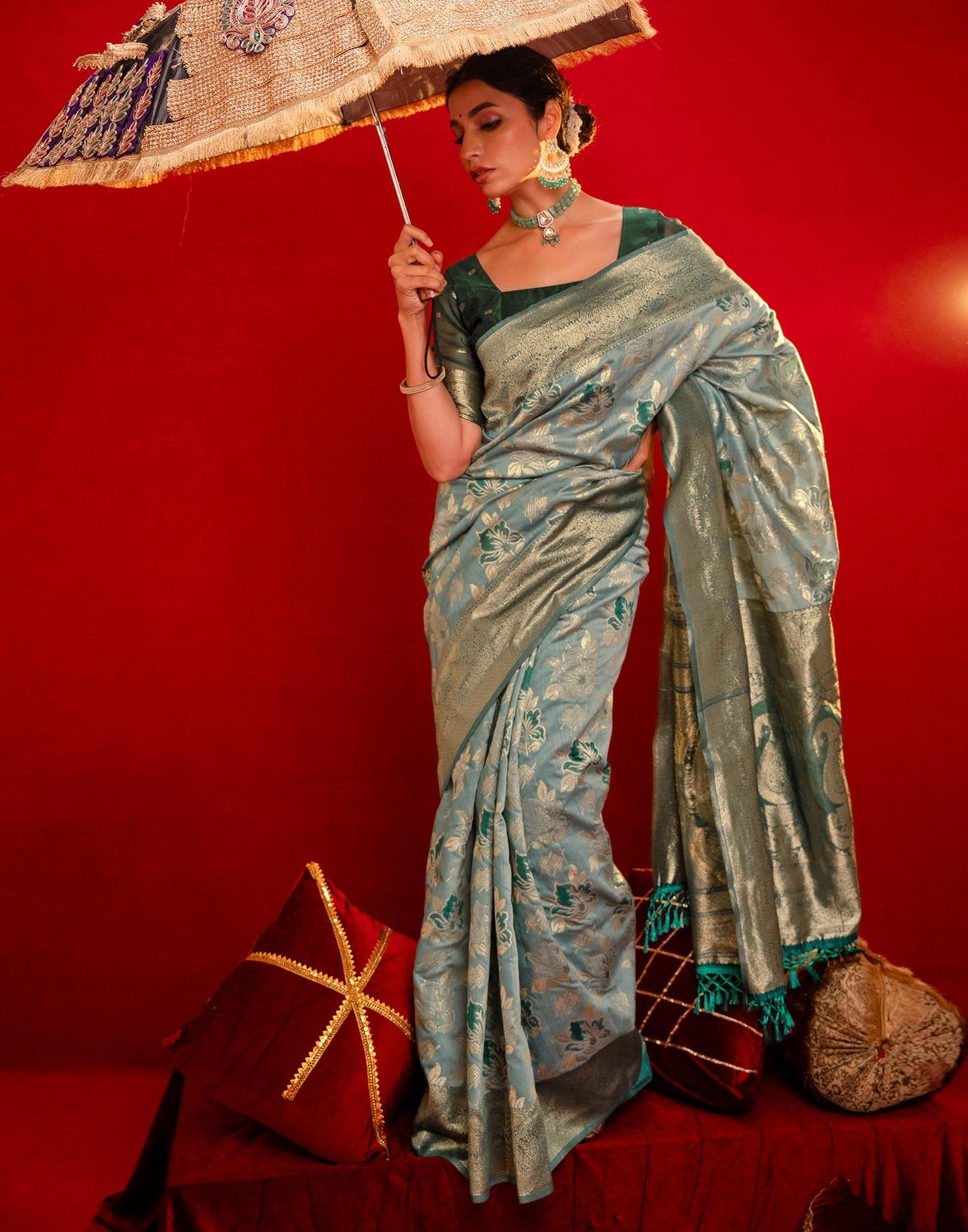 Light Blue Chanderi Cotton Woven Banarasi Saree