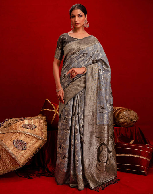 Grey Chanderi Cotton Woven Banarasi Saree