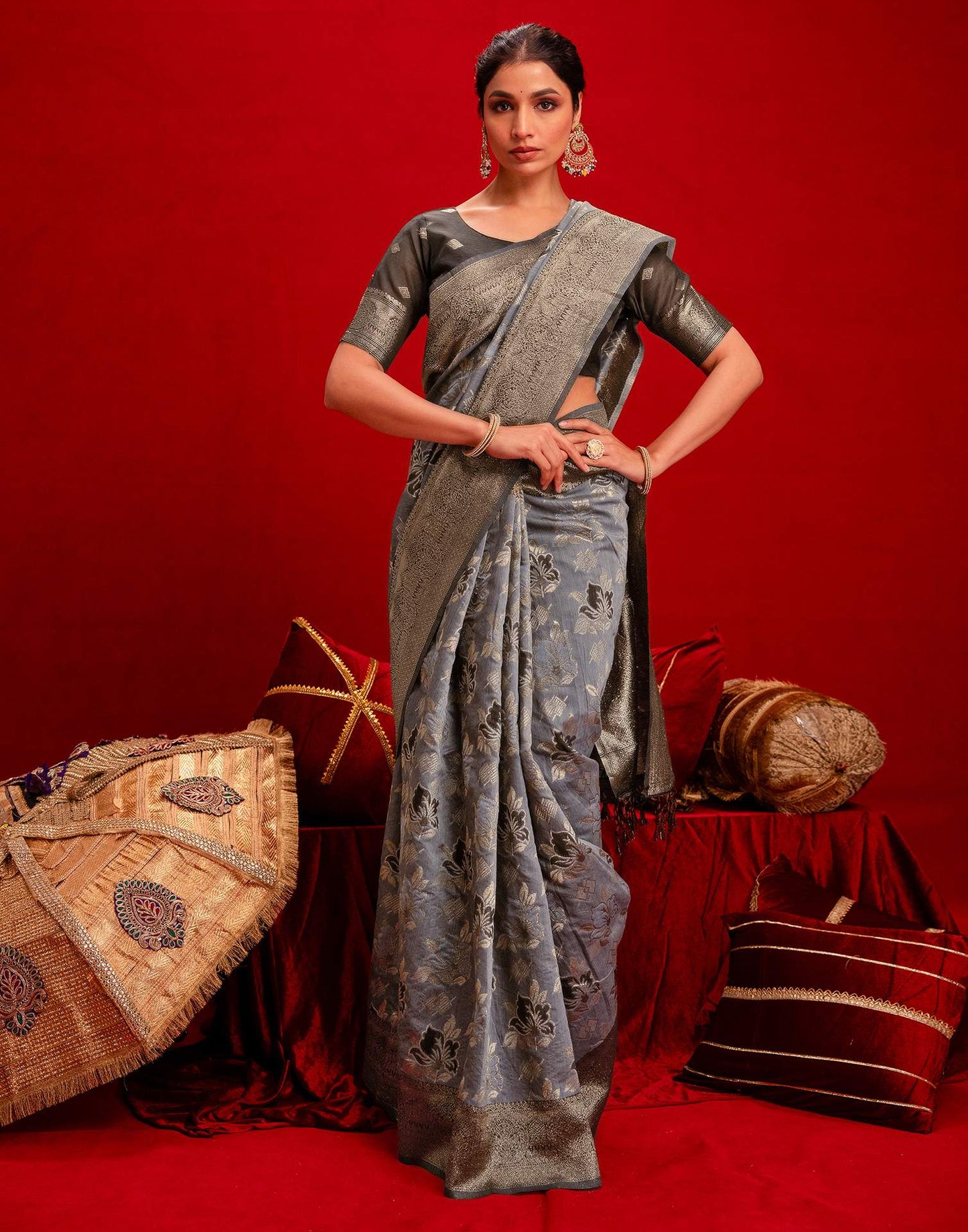 Grey Chanderi Cotton Woven Banarasi Saree