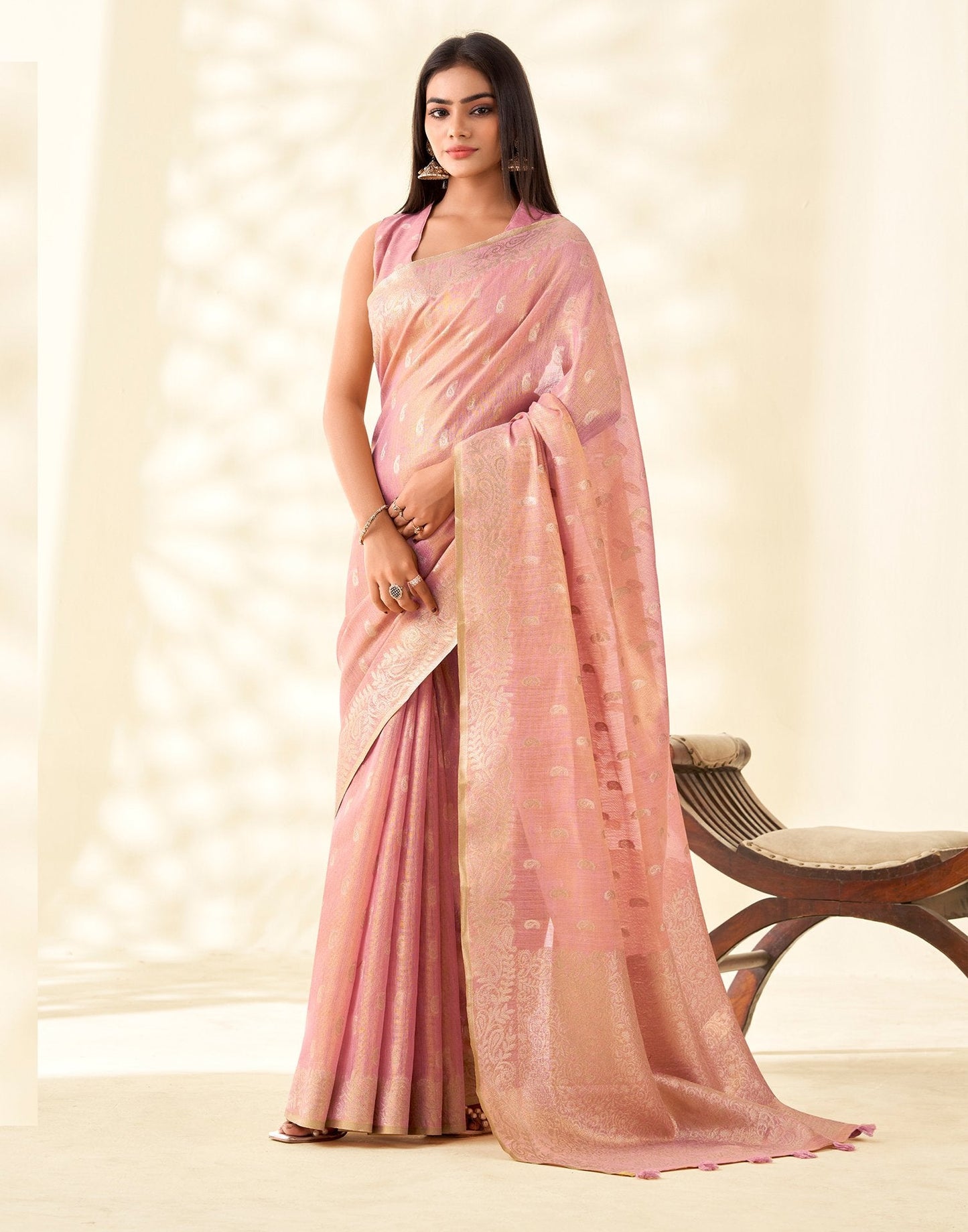 Light Pink Tissue Linen Woven Saree