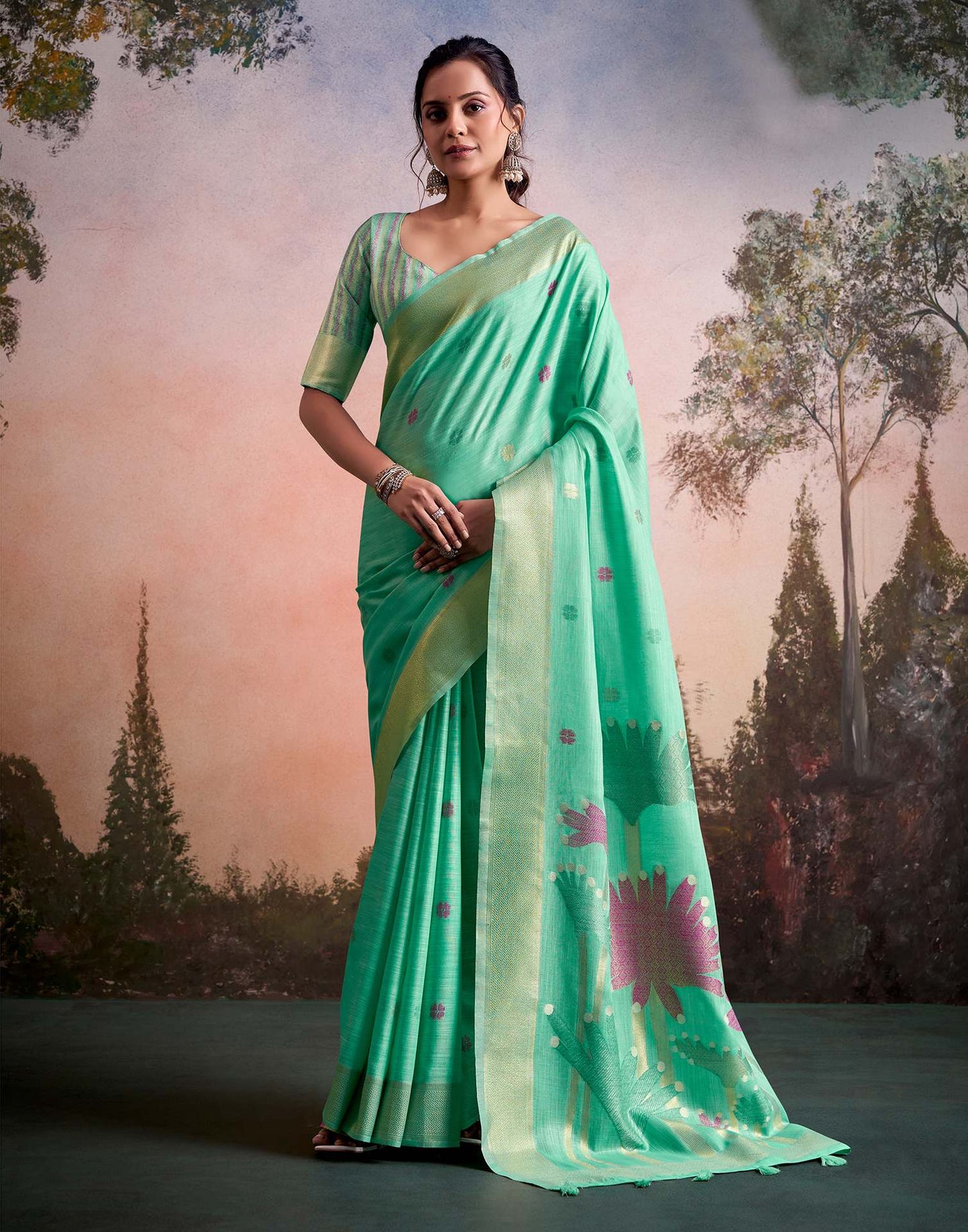 Mint Green Linen Silk Woven Printed Saree