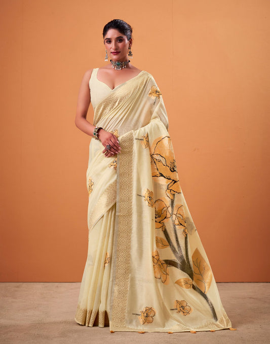 Beige Cotton Floral Printed Saree