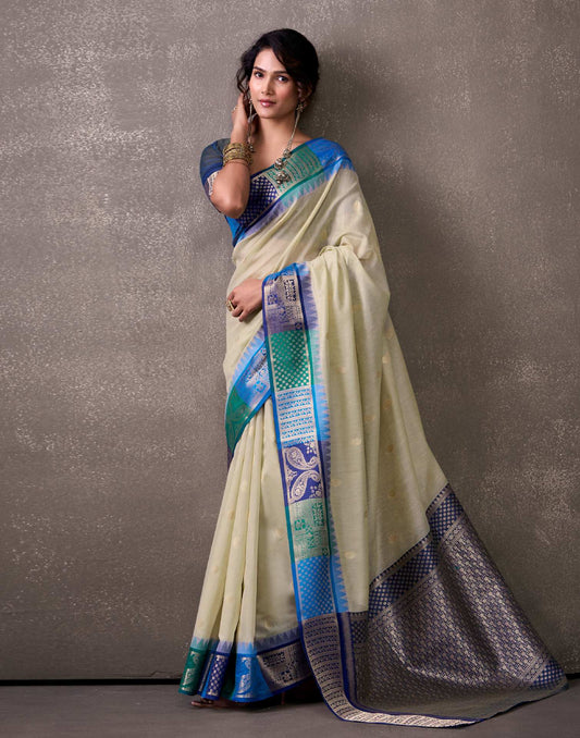 Beige Cotton Woven Banarasi Saree