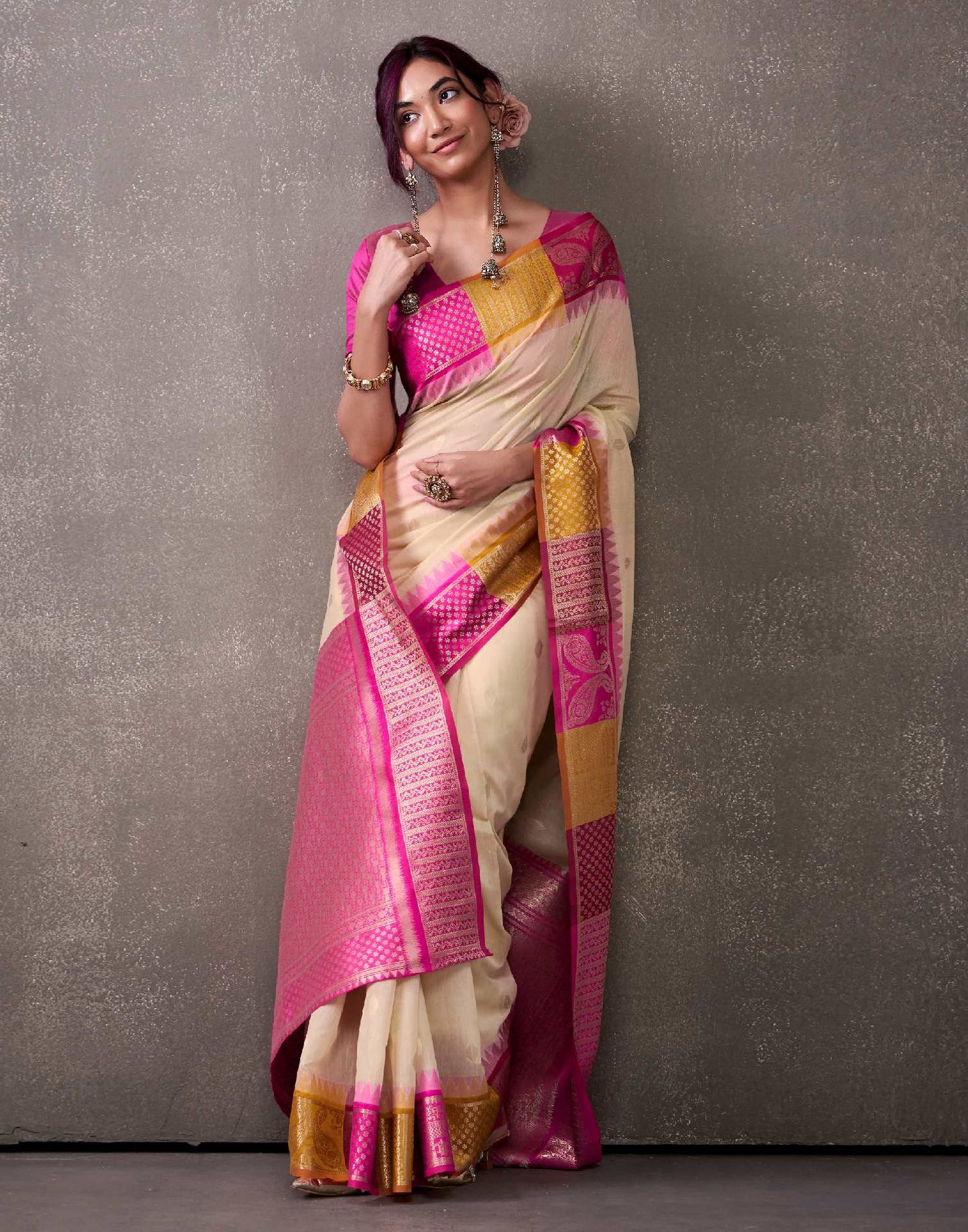 Beige Cotton Woven Banarasi Saree