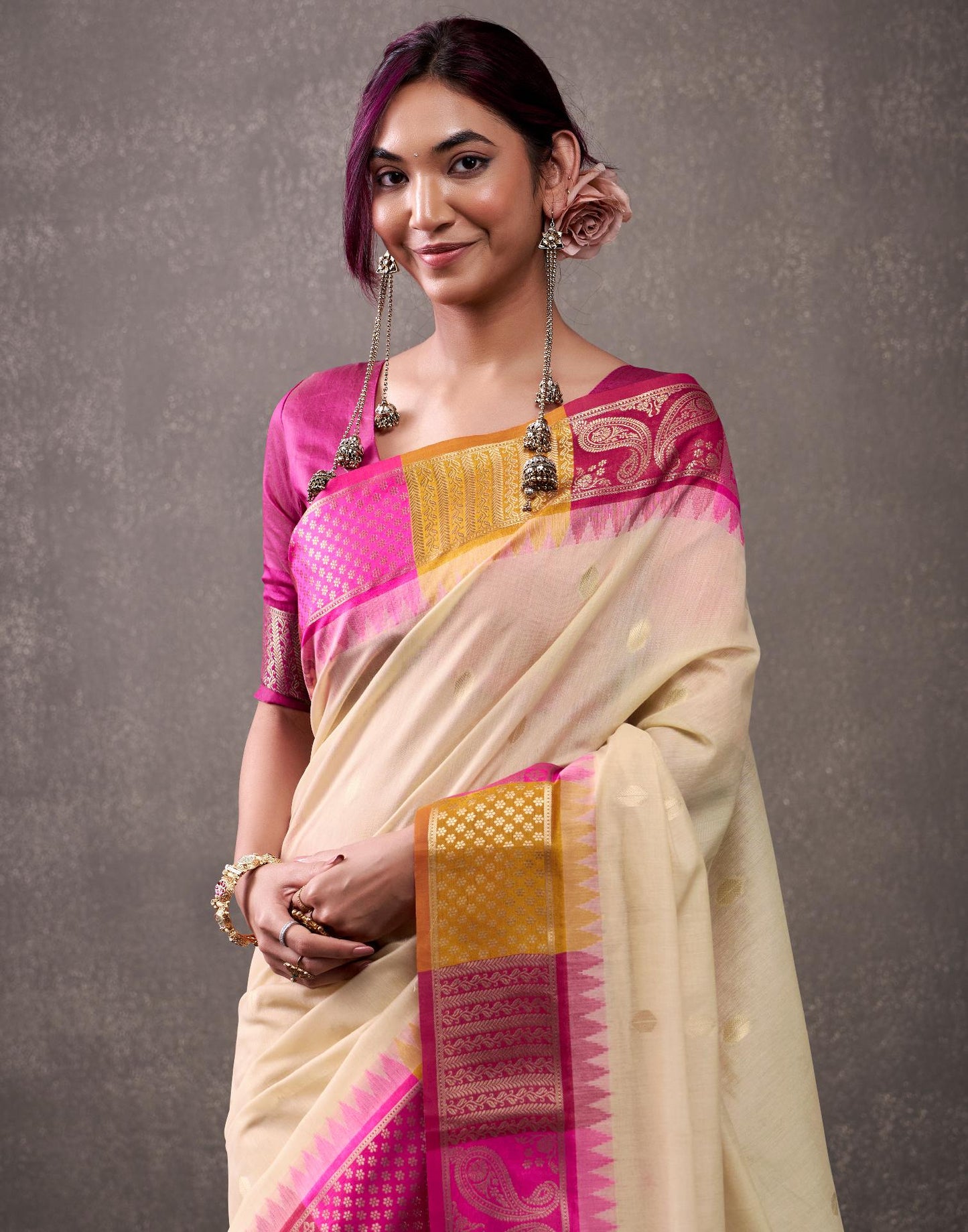 Beige Cotton Woven Banarasi Saree