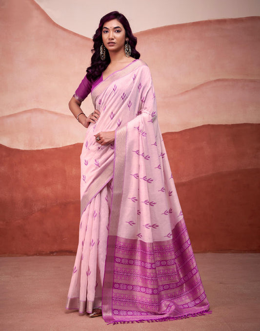 Baby Pink Cotton Woven Printed Saree