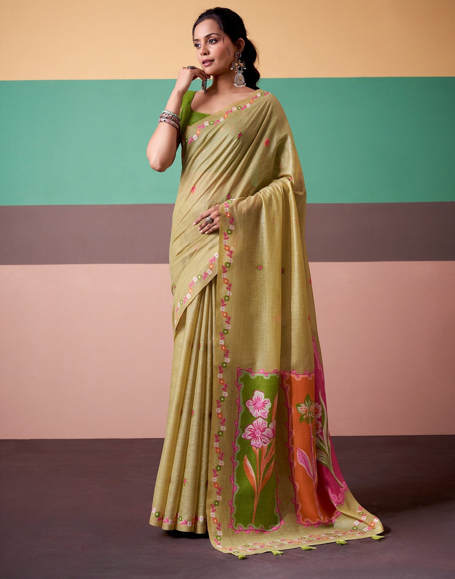 Light Khaki Silk Printed Saree