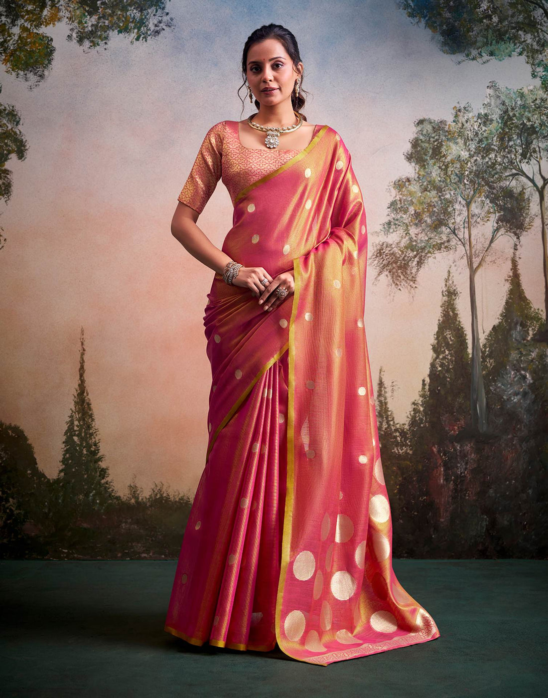 Coral Pink Tissue Silk Woven Saree