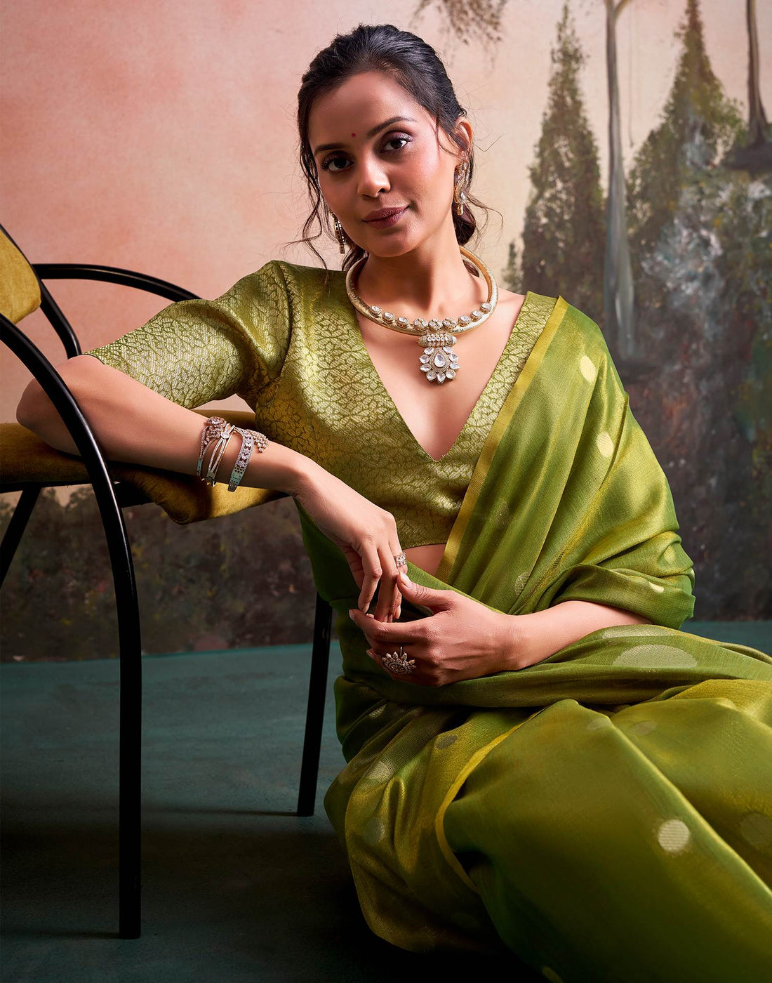 Moss Green Tissue Silk Woven Saree