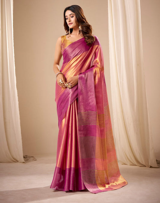Coral Pink Tissue Silk Woven Saree