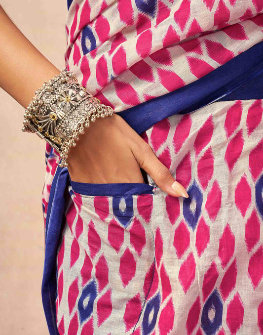 Ready To Wear Beige Cotton Printed Saree With Pocket